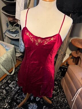 Victorias Secret Vintage Silk Red Slip Dress with Gold Embroidery